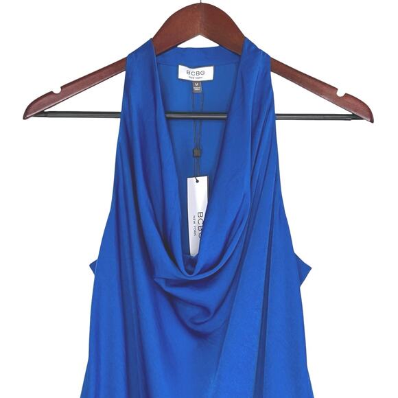 BCBG Satin Cowl Neck Halter Blouse Top in Olympian Blue - Picture 4 of 7